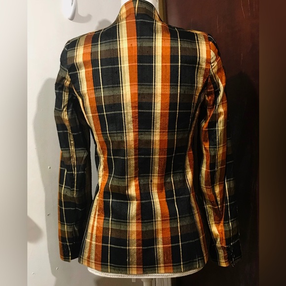 VINTAGE SILK WOVEN PLAID THIN JACKET BLACK METALLIC GOLD EXTRA SMALL - Picture 4 of 7